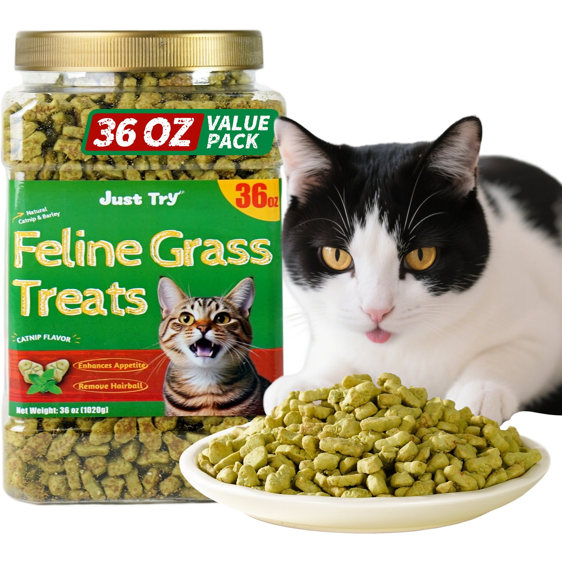 Just Try Feline Grass Crunchy Cat Treats, 36-oz