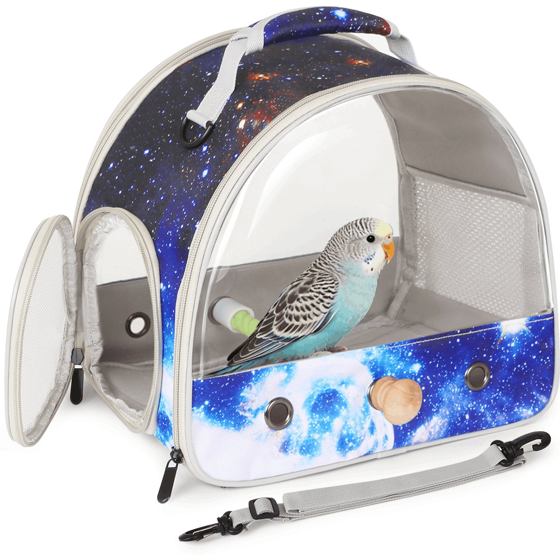 LAIRIES Portable Cage with Stand Perch Parakeet Budgies Cockatiel Conure Outdoor, Front Clear Window Parrot Carrier, Large, Galaxy Blue