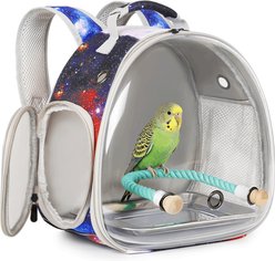 LAIRIES Travel Backpack with Metal Tray & Rope Perch, Clear Bubble Window Space Parrot Carrier, Large, Galaxy Blue