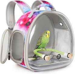 LAIRIES Travel Backpack with Metal Tray & Rope Perch, Clear Bubble Window Space Parrot Carrier, Large, Galaxy Pink