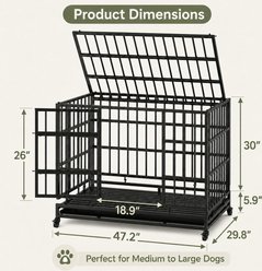 Yafylly Heavy Duty Indestructible Folding Metal Big Dog Crate with Wheels & Removable Plastic Tray, Black, Large: 48-in slide 2 of 8