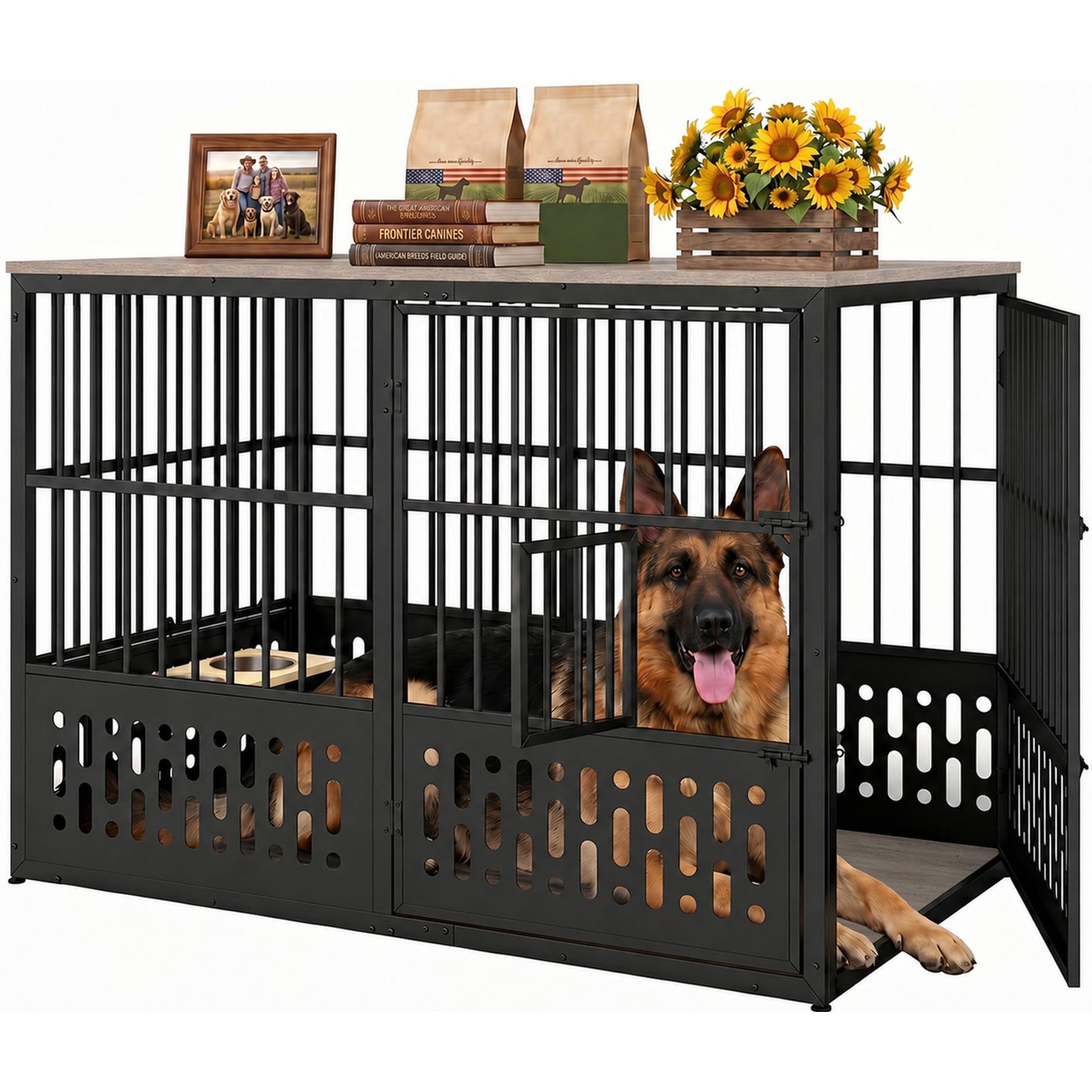 Yafylly Heavy Duty Metal Solid Steel Kennel with Double Doors & Movable Wheels Indoor Outdoor Cage Dog Crate, Large: 54-in, Gray