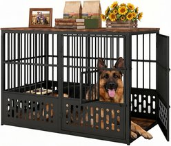 Yafylly Heavy Duty Metal Solid Steel Kennel with Double Doors & Movable Wheels Indoor Outdoor Cage Dog Crate, Large: 54-in, Brown