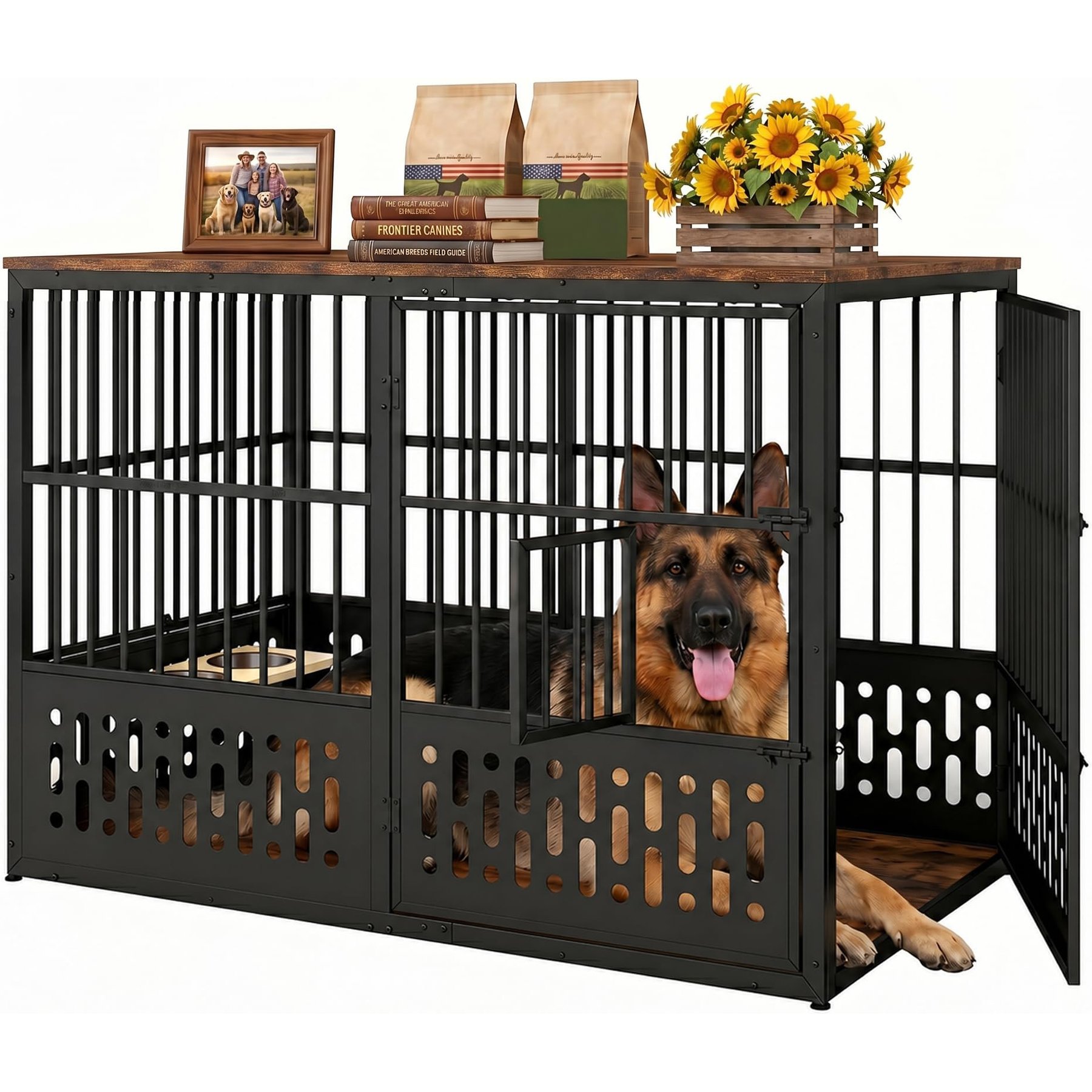 Yafylly Heavy Duty Metal Solid Steel Kennel with Double Doors & Movable Wheels Indoor Outdoor Cage Dog Crate, Large: 54-in, Brown