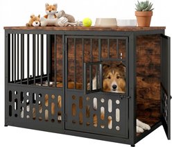Yafylly Indoor Outdoor Kennel Solid Steel Heavy Duty Metal Dog Crate with Double Doors & Movable Wheels, Brown, 39-in