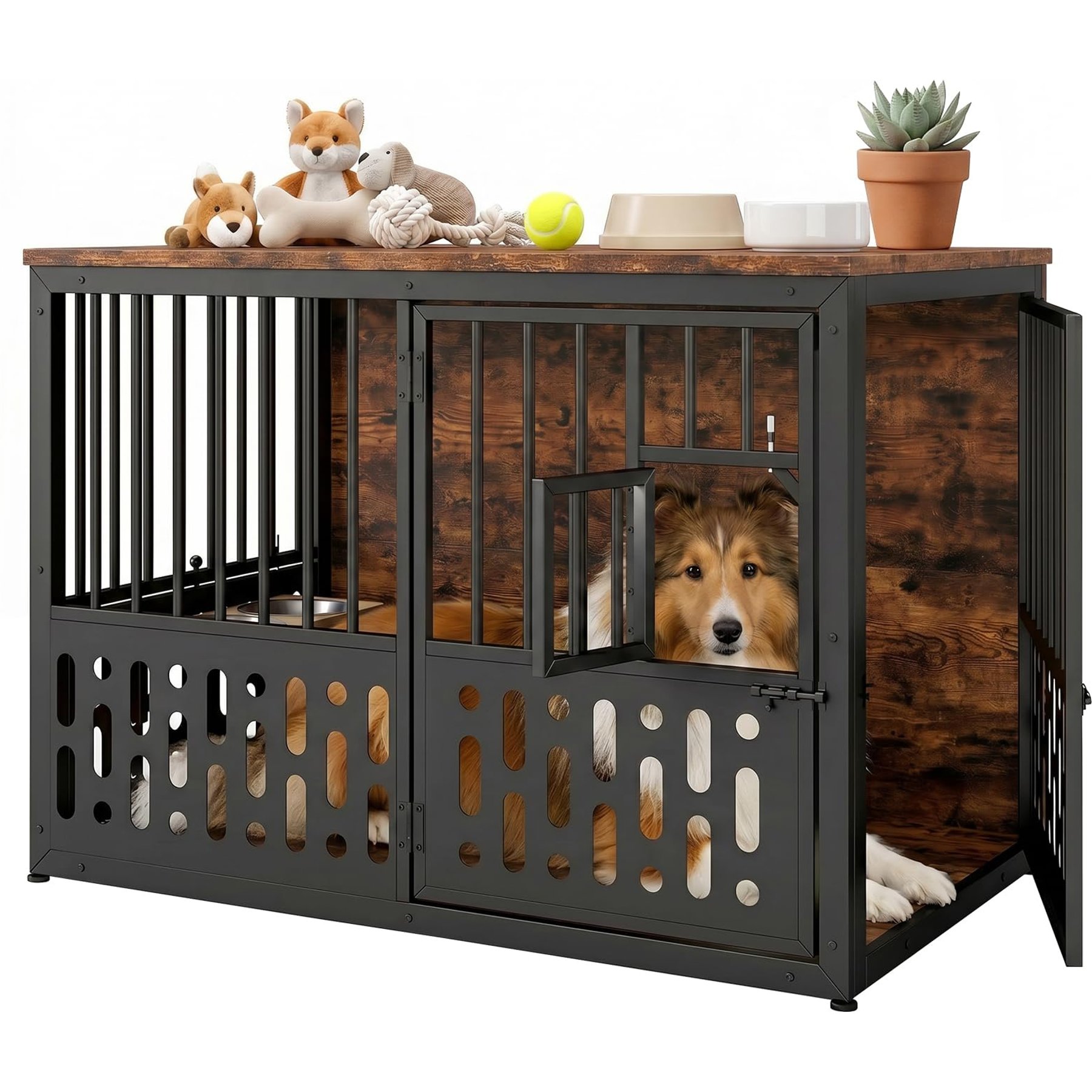 Yafylly Indoor Outdoor Kennel Solid Steel Heavy Duty Metal Dog Crate with Double Doors & Movable Wheels, Brown, 39-in