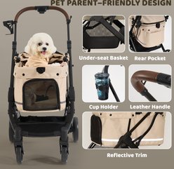 Hittite All-Terrain One-Hand Easy Fold Double Layer Anti-UV Waterproof Canopy Breathable Mesh Dog & Cat Stroller, 38.6 x 20.1 x 41-in, Vanilla Beige slide 2 of 9