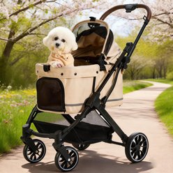 Hittite All-Terrain One-Hand Easy Fold Double Layer Anti-UV Waterproof Canopy Breathable Mesh Dog & Cat Stroller, 38.6 x 20.1 x 41-in, Vanilla Beige