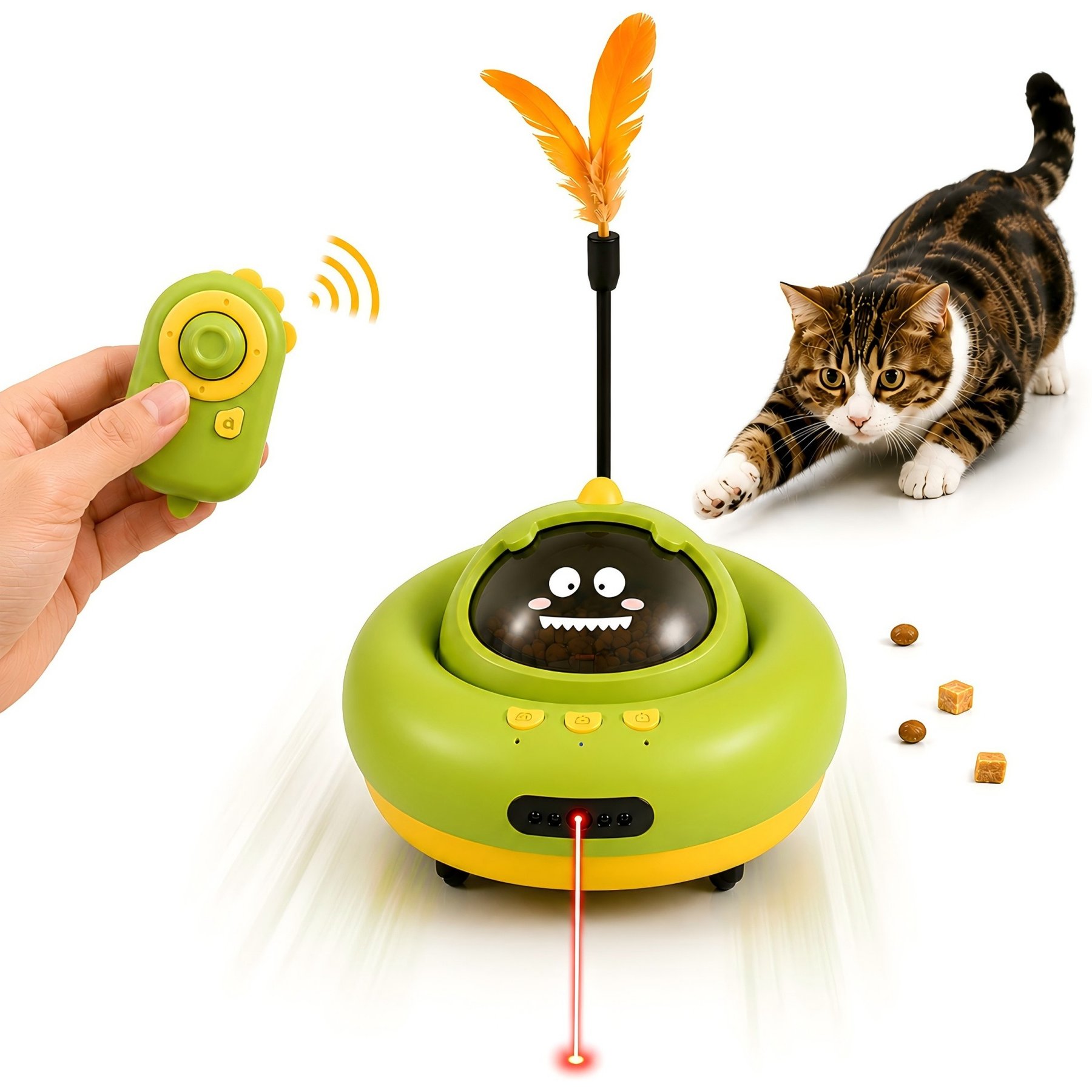 Meowvale 3-in-1 Remote Interactive Cat Toy with Laser Pointers & Treat Dispenser, Green