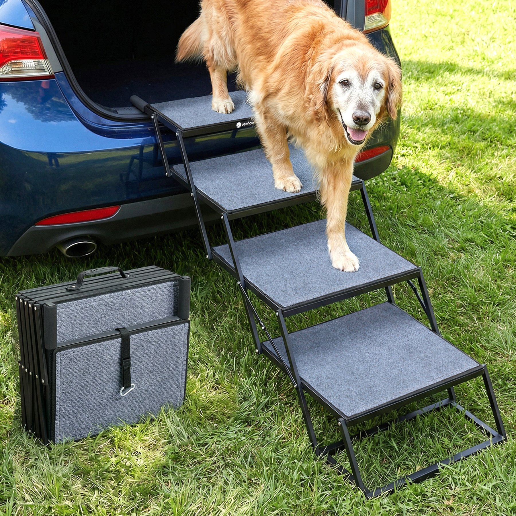 Veehoo Collapsible Foldable Dog Stairs, Gray, 4-steps