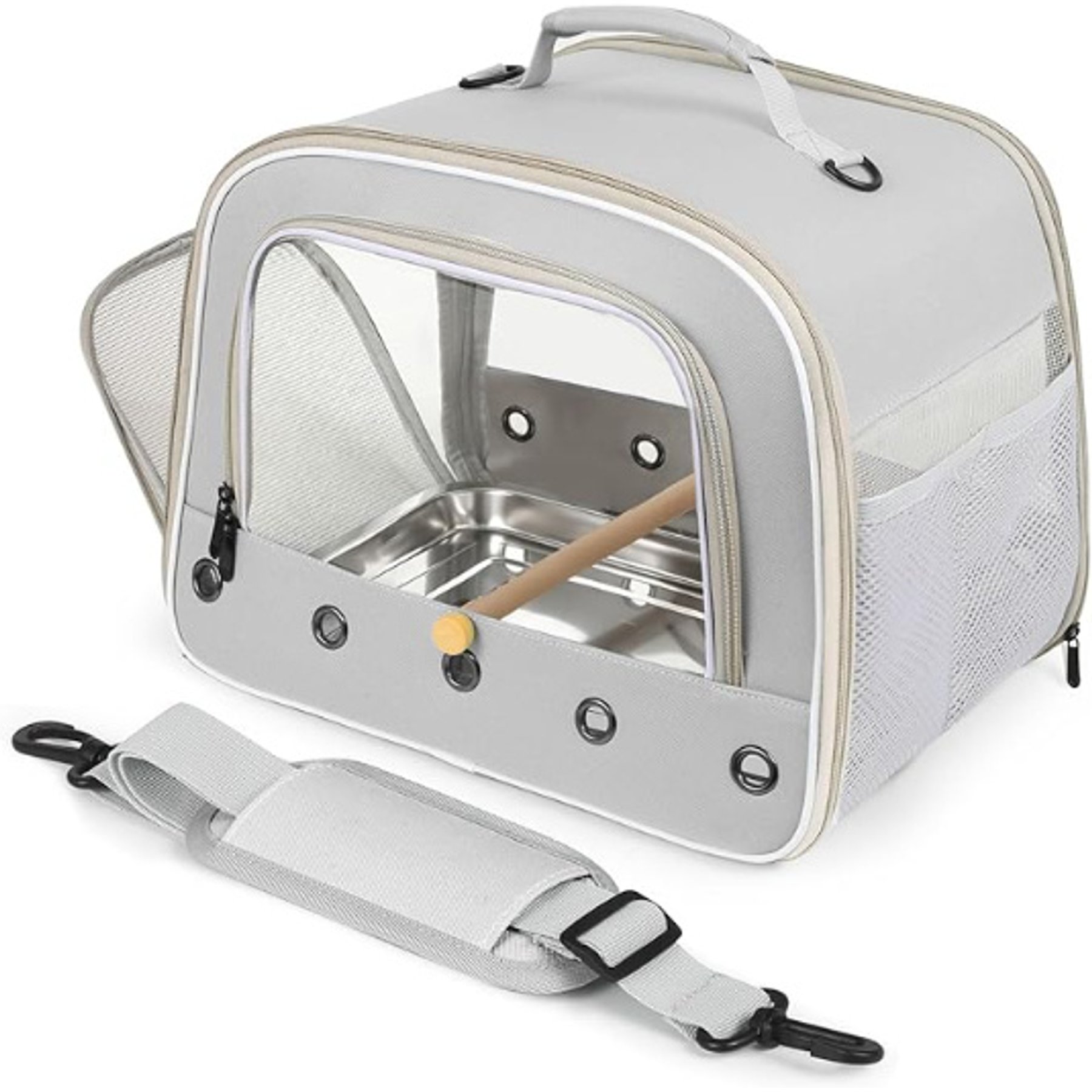 LAIRIES Big Clear Windows, Side Zip Entrance, Shoulder Strap & Mesh Storage Pocket Bird Carrier Bag, Large, Grey