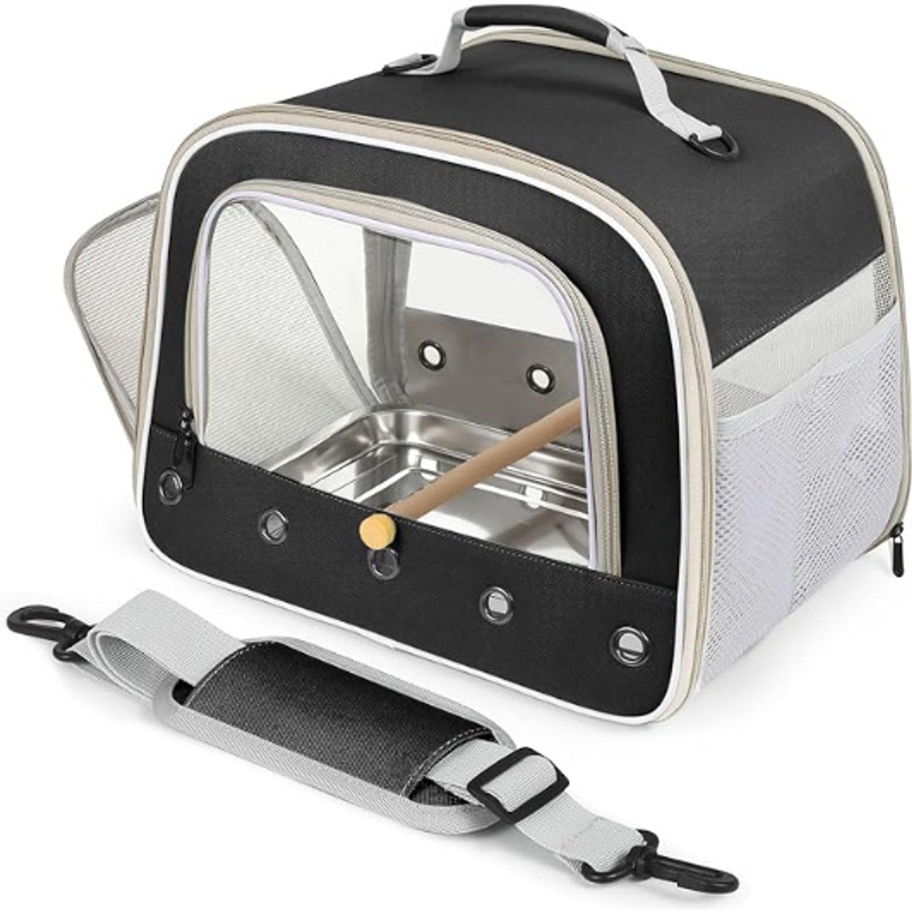 LAIRIES Big Clear Windows, Side Zip Entrance, Shoulder Strap & Mesh Storage Pocket Bird Carrier Bag, Large, Black