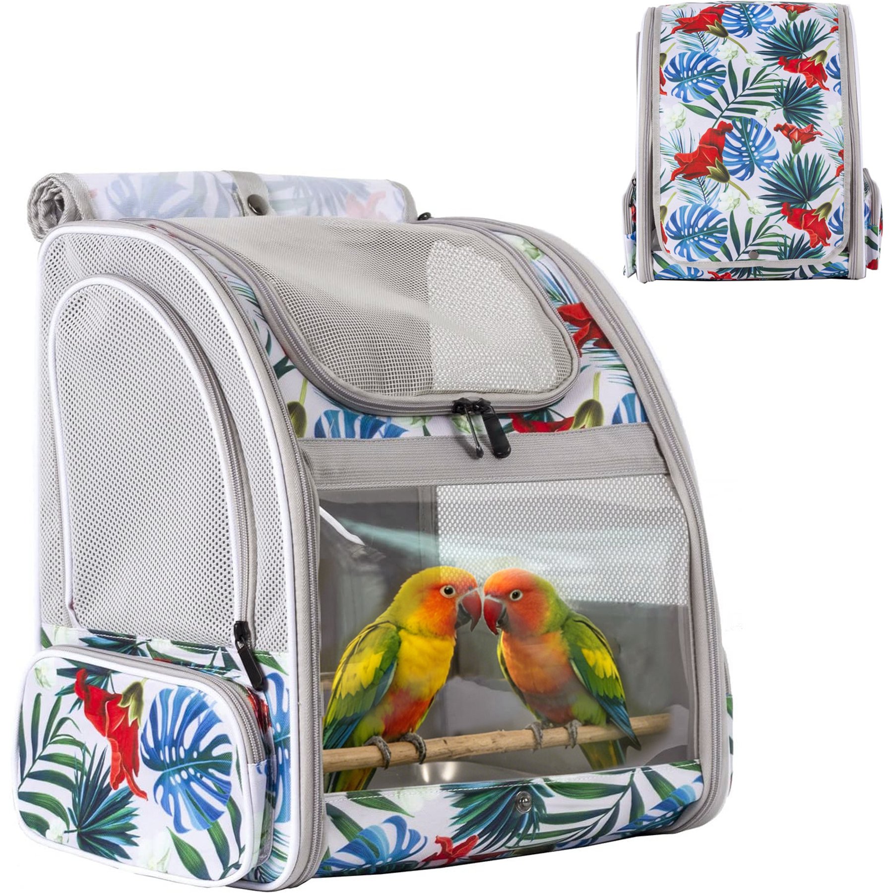 WEVONIGU Tropical Print Parrot Travel Carrier Backpack with Perch, Ventilated Mesh & Sunshade, Floral