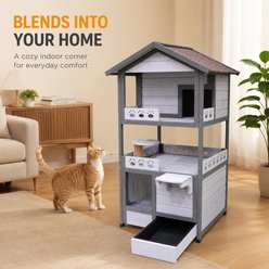 Yafylly Three Story Outdoor Feral Villa Weatherproof Cat House with Balcony, Gray, Medium slide 2 of 9