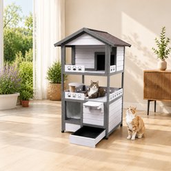 Yafylly Three Story Outdoor Feral Villa Weatherproof Cat House with Balcony, Gray, Medium
