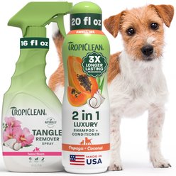 TropiClean Bundle 2-in-1 Papaya & Coconut Dog Shampoo & Conditioner & Sweet Pea Dog & Cat Detangler Spray Dematting Set