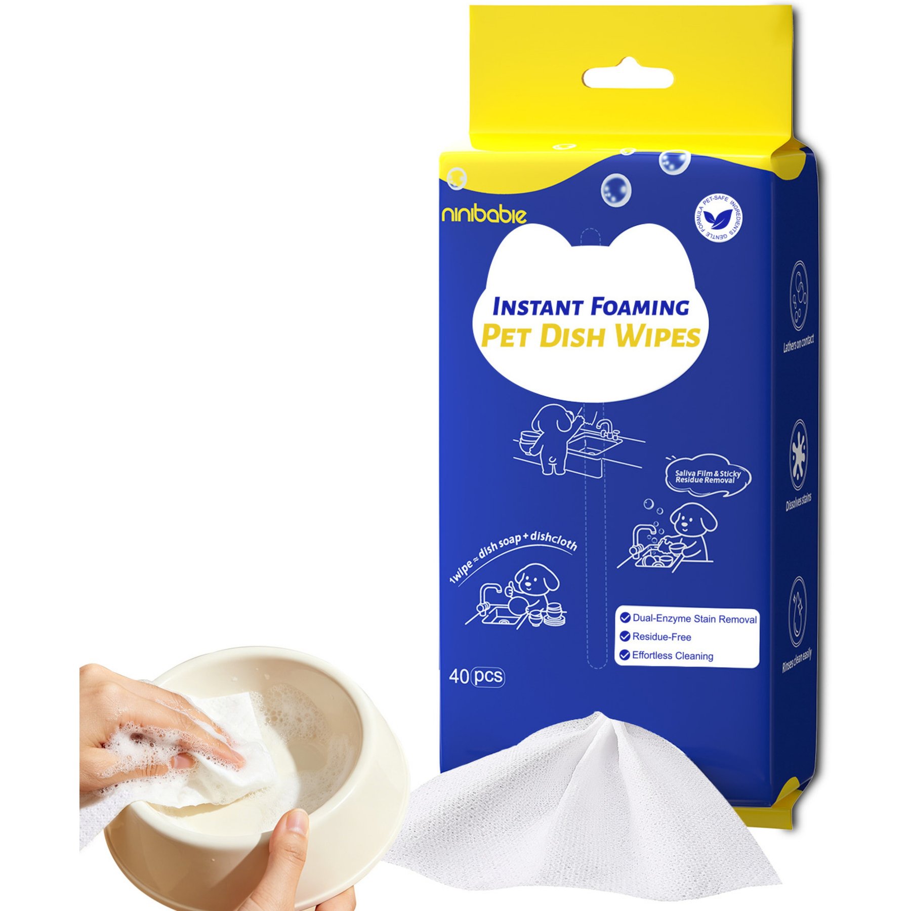 Ninibabie Water-Activated Foaming Bowl Cleaning Cucumber Scent Dog Wipes, 40 count
