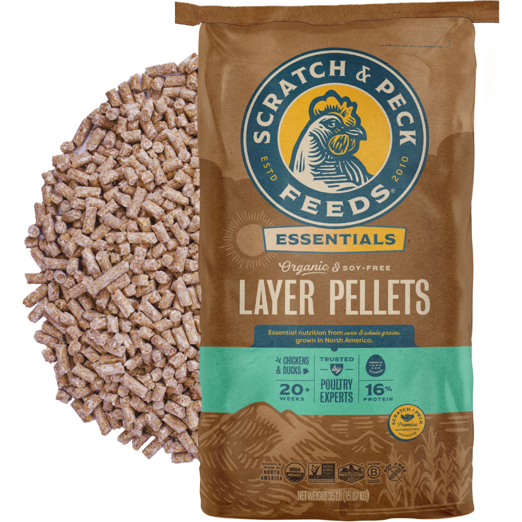 Scratch and Peck Feeds Essentials Organic 16% Protein Layer Pellets Non-GMO Chicken Bird Food, 40-lb bag
