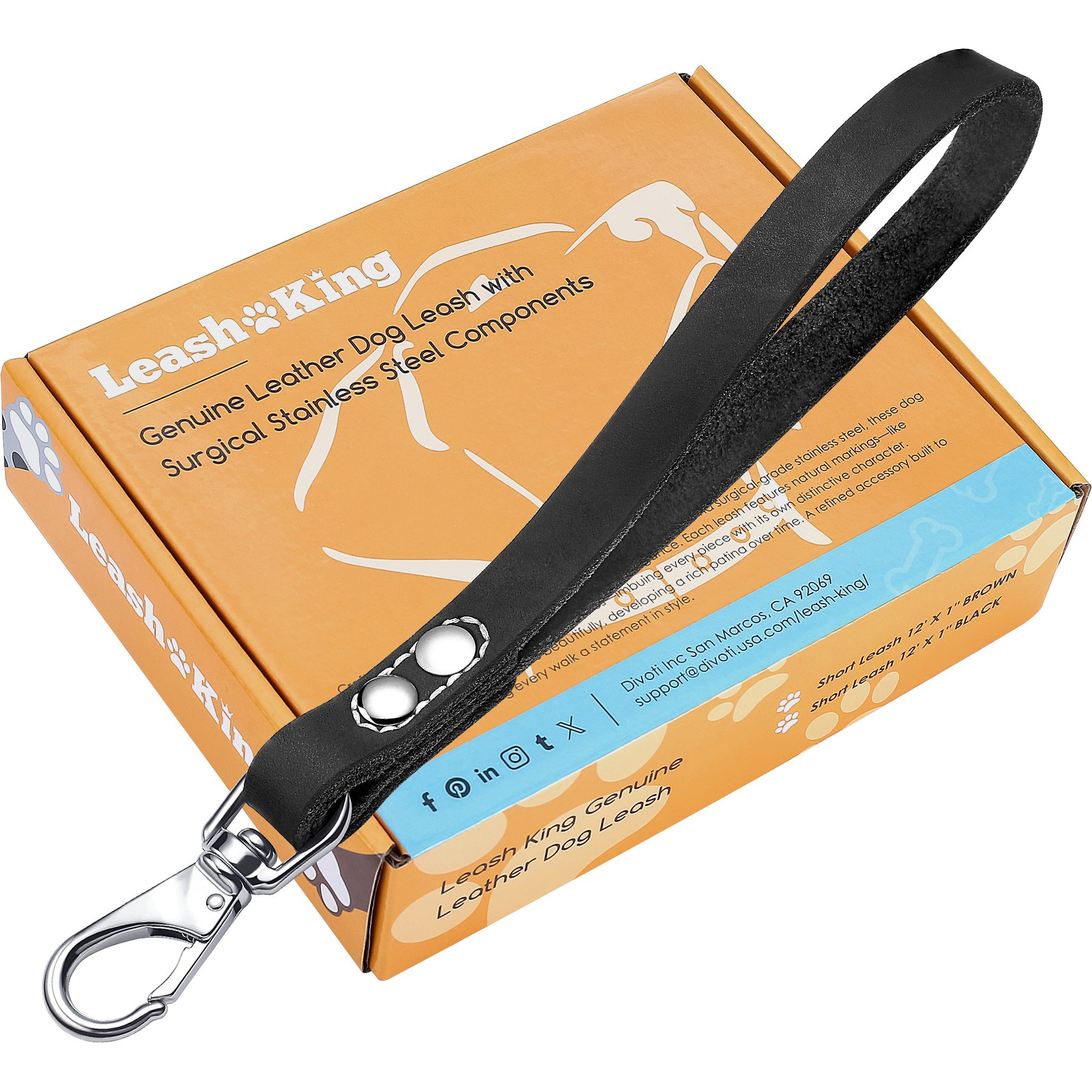 Leash King Full Grain Leather Short Traffic Dog Leash, Large: 12 x 1-in, Classic Black