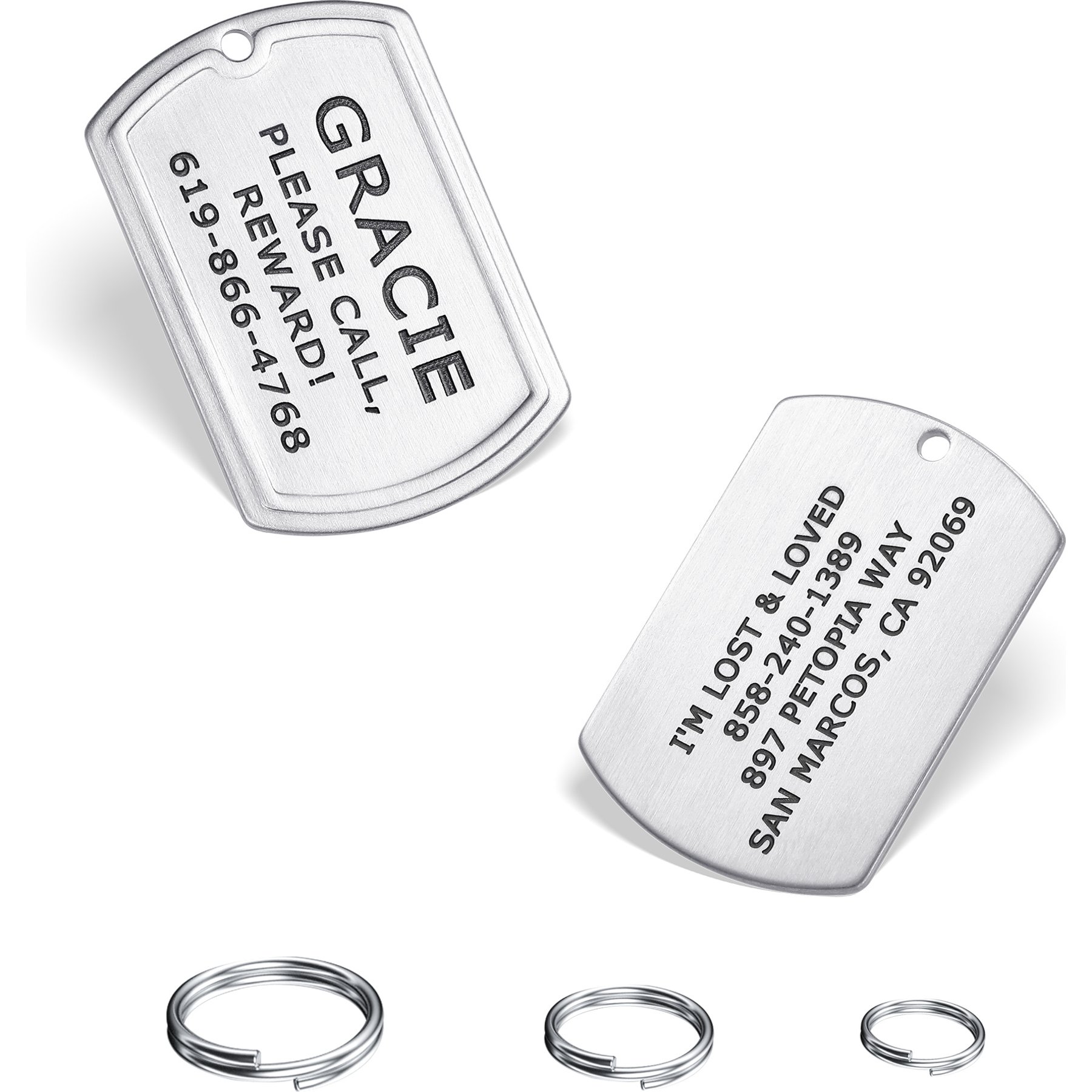 Leash King Custom Personalized Deep Laser Dual-Side Engraved Military Dog Shaped Dog ID Tag with Split Ring, Small/Medium: 7/8 x 1 1/2-in