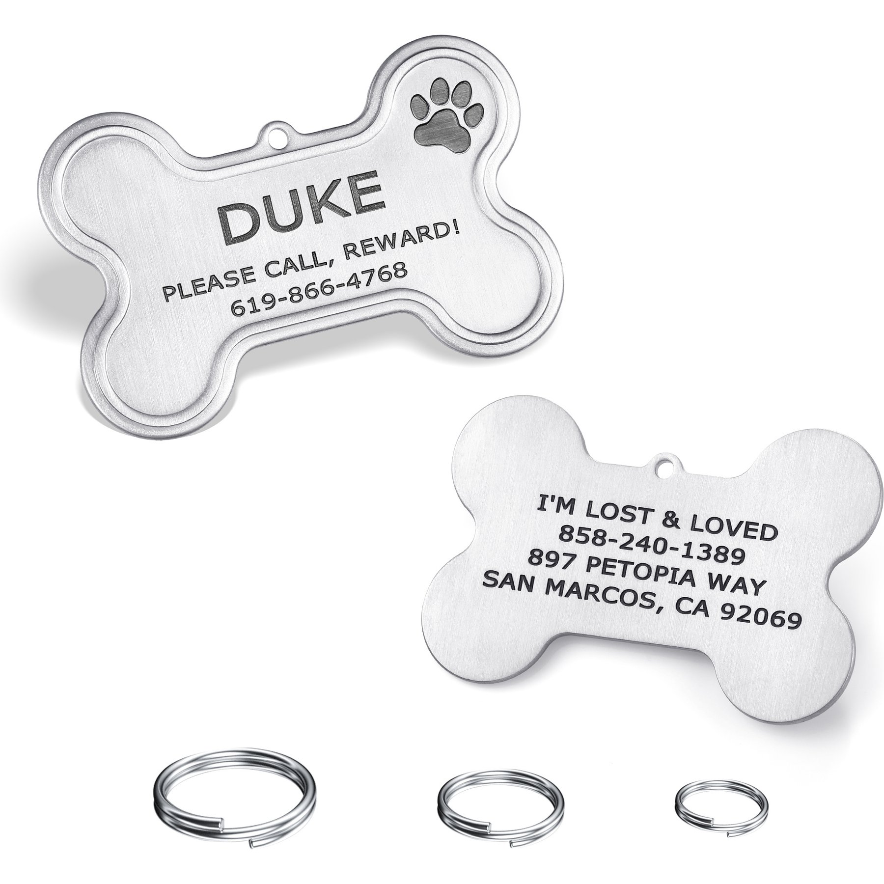 Leash King Custom Personalized Deep Laser Dual-Side Engraved Bone Shaped Dog ID Tag with Split Ring, X-Small: 3/4 x 1 1/4-in