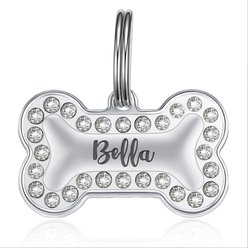 Leash King Hi-Relief Luxury Cold-Forged Surgical Stainless Steel with Swarovski Crystals Personalized Deep Engraved Bone Shaped Dog ID Tag, Stainless Steel, Large