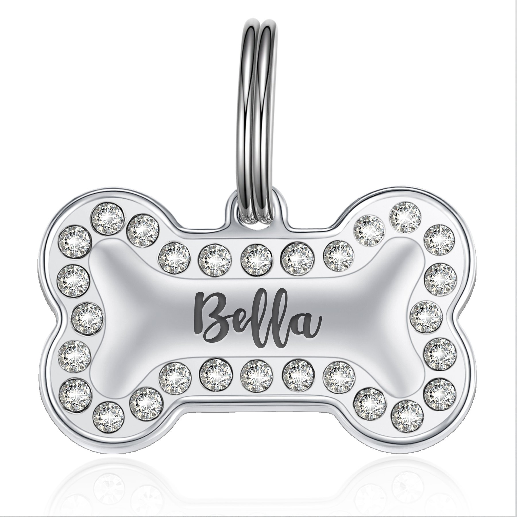 Leash King Hi-Relief Luxury Cold-Forged Surgical Stainless Steel with Swarovski Crystals Personalized Deep Engraved Bone Shaped Dog ID Tag, Stainless Steel, Large