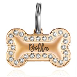 Leash King Hi-Relief Luxury Cold-Forged Surgical Stainless Steel with Swarovski Crystals Personalized Deep Engraved Bone Shaped Dog ID Tag, PVD Rose Gold, Large