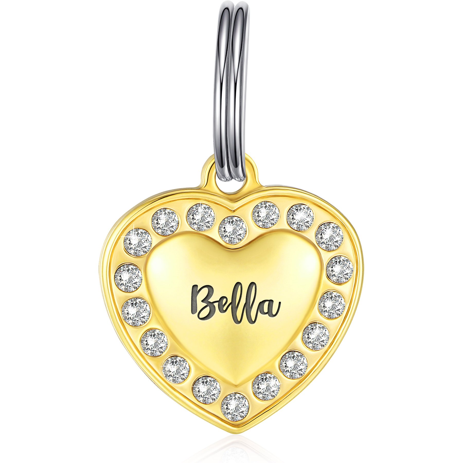 Leash King Hi-Relief Luxury Cold-Forged Surgical Stainless Steel with Swarovski Crystals Personalized Deep Engraved Heart Shaped Dog ID Tag, PVD Gold, Large