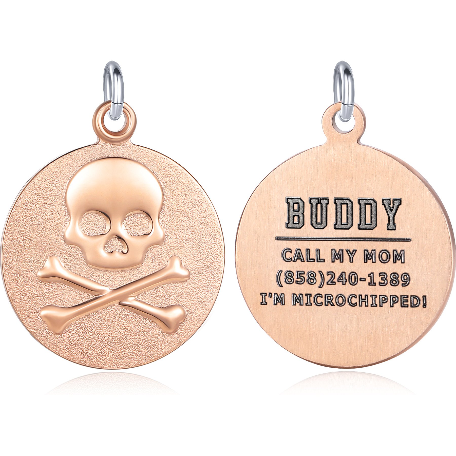 Leash King Custom Personalized Engraved Dog ID Tag, Small/Medium: 1-in, PVD Rose Gold/Crossbone
