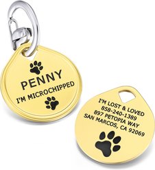 Leash King Custom Personalized Deep Laser Engraved Stainless Steel Tag with Patented Snag-Minimizing Safety Quick Clip Round Shaped Dog ID Tag, Small/Medium: 1.25-in, PVD Gold