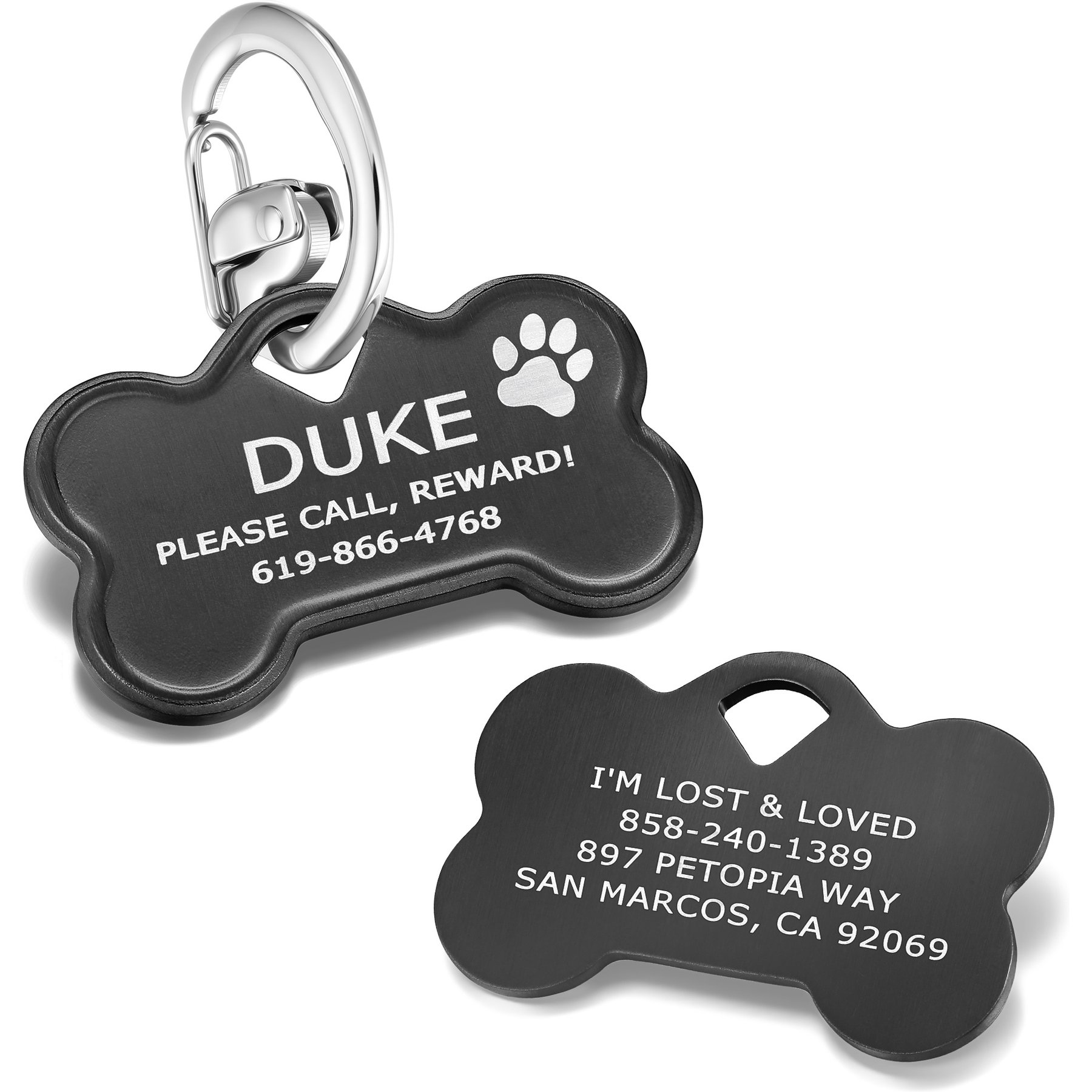 Leash King Custom Personalized Double-Sided Deep Laser Engraved Stainless Steel Tag with Patented Snag-Minimizing Safety Quick Clip Bone Shaped Dog ID Tag, Small/Medium: 1.5-in, PVD Black