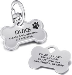 Leash King Custom Personalized Double-Sided Deep Laser Engraved Stainless Steel Tag with Patented Snag-Minimizing Safety Quick Clip Bone Shaped Dog ID Tag, Small/Medium: 1.5-in, Hand Brushed