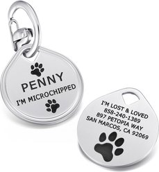 Leash King Custom Personalized Double-Sided Deep Laser Engraved Stainless Steel Tag with Patented Snag-Minimizing Safety Quick Clip Round Shaped Dog ID Tag, Hand Brushed, Small/Medium: 1.25-in
