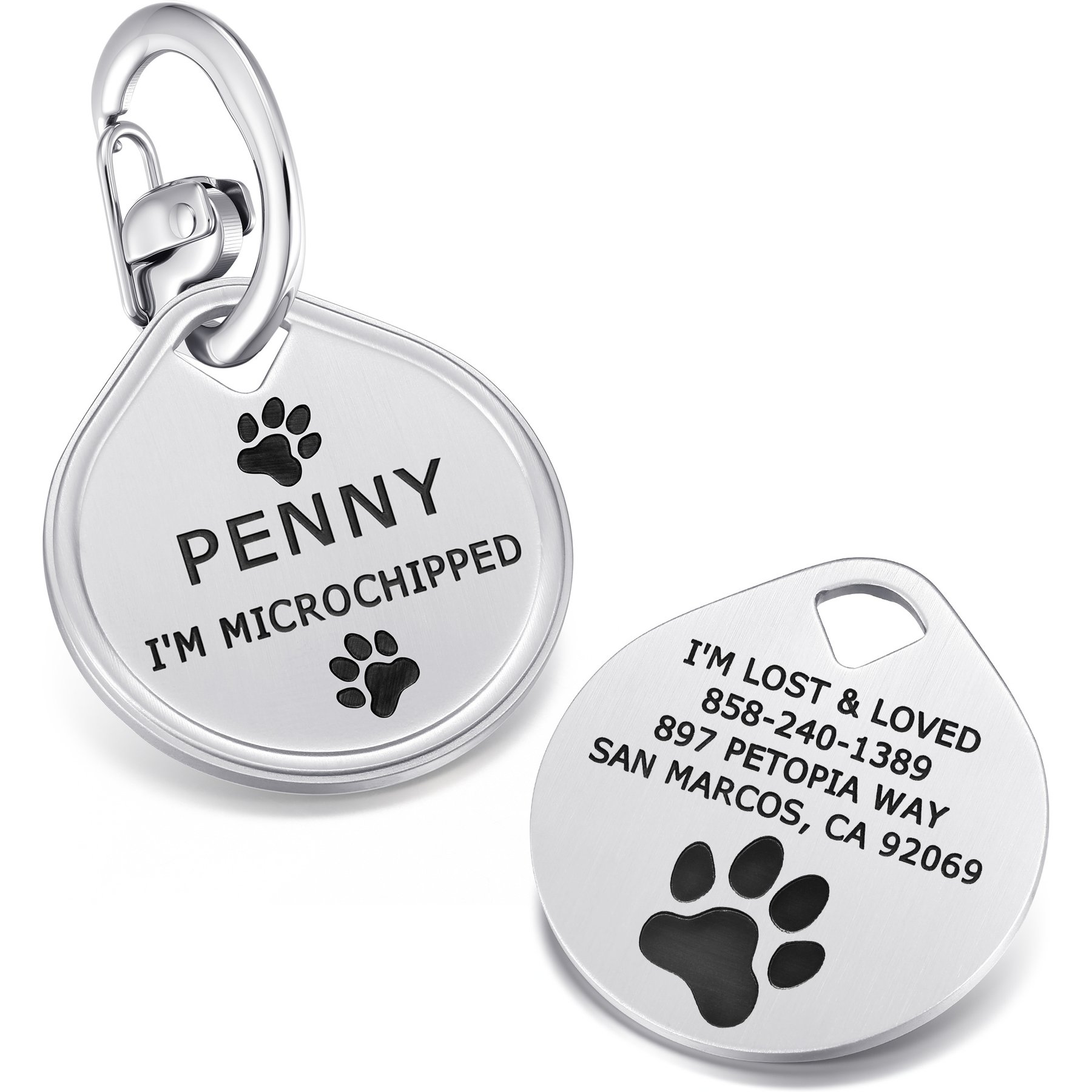 Leash King Custom Personalized Double-Sided Deep Laser Engraved Stainless Steel Tag with Patented Snag-Minimizing Safety Quick Clip Round Shaped Dog ID Tag, Hand Brushed, Small/Medium: 1.25-in