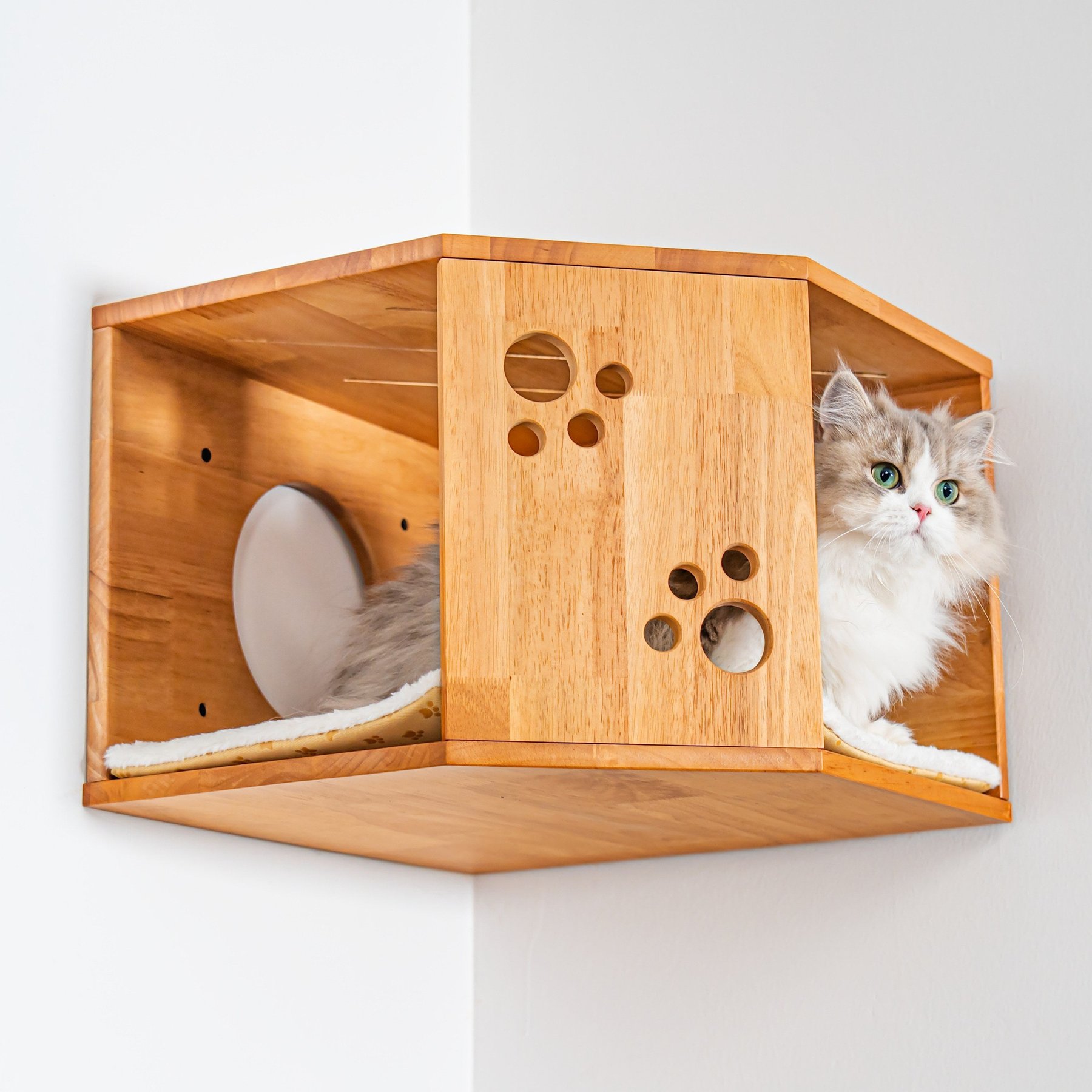 PETOMG Corner House Cat Wall Shelf, Wood Color, Medium