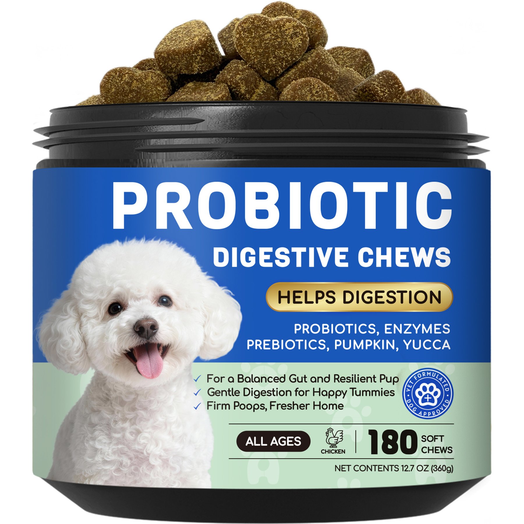 Furry Armor Prebiotic & Enzyme Digestive Health Chicken Flavored Soft Chew Immune Supplement for Dogs, 12.7-oz
