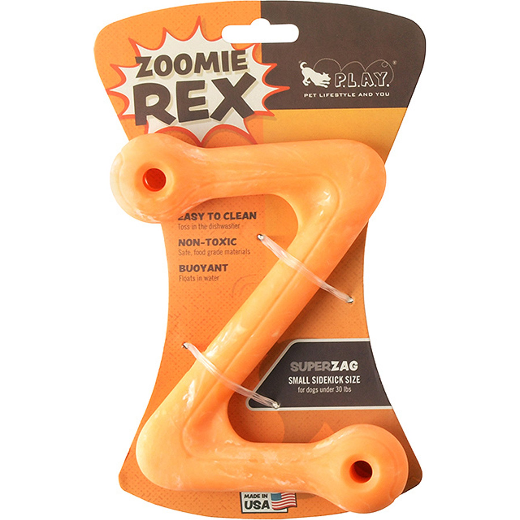 P.L.A.Y. Pet Lifestyle and You ZoomieRex SuperZag Dog Toy, Orange/Multicolor, Small
