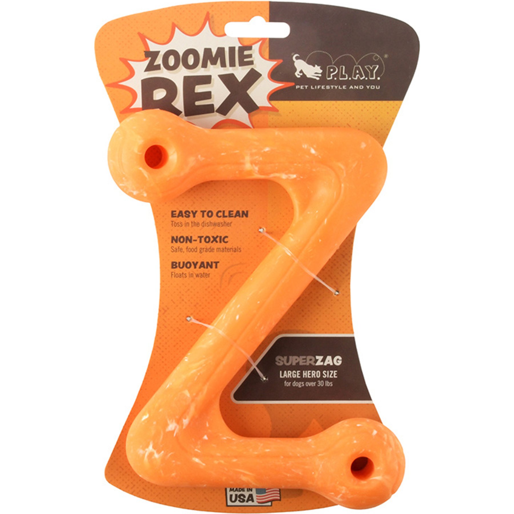 P.L.A.Y. Pet Lifestyle and You ZoomieRex SuperZag Dog Toy, Orange/Multicolor, Large