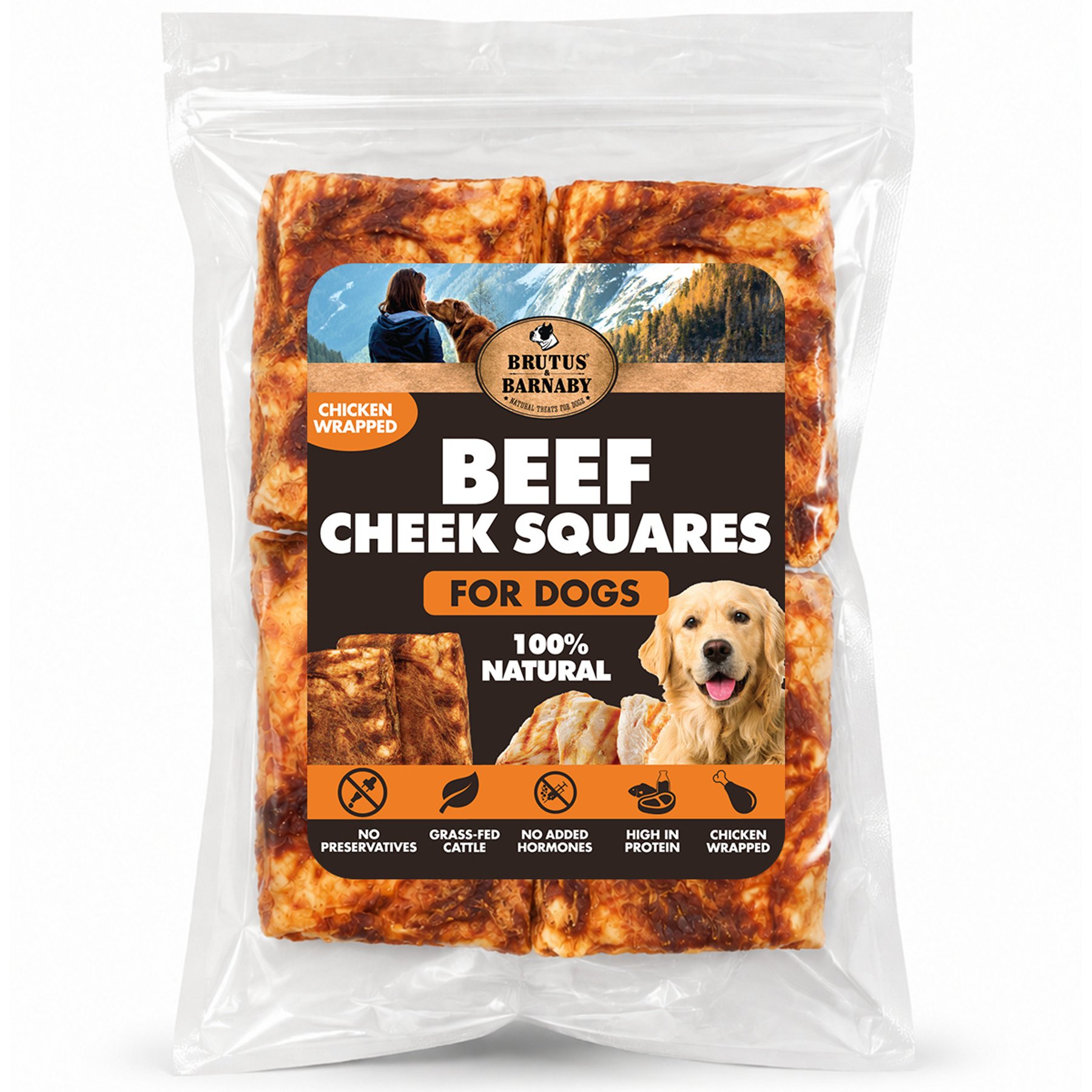 Brutus & Barnaby Thick Wrapped Cheek Squares 4 x 4-in Beef & Chicken Flavour Natural Dog Chew, 4 count