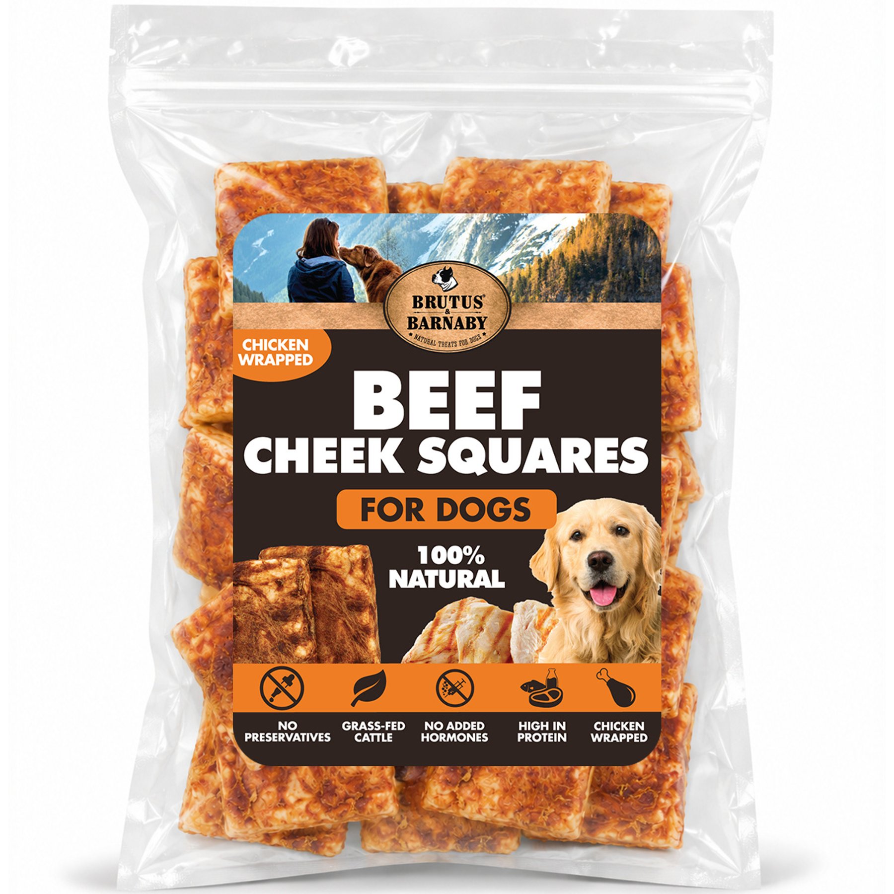 Brutus & Barnaby Thick Wrapped Cheek Squares 4 x 4-in Beef & Chicken Flavour Natural Dog Chew, 20 count