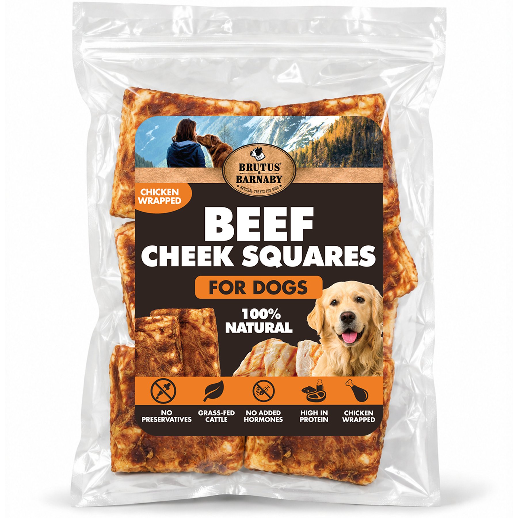 Brutus & Barnaby Thick Wrapped Cheek Squares 4 x 4-in Beef & Chicken Flavour Natural Dog Chew, 8 count