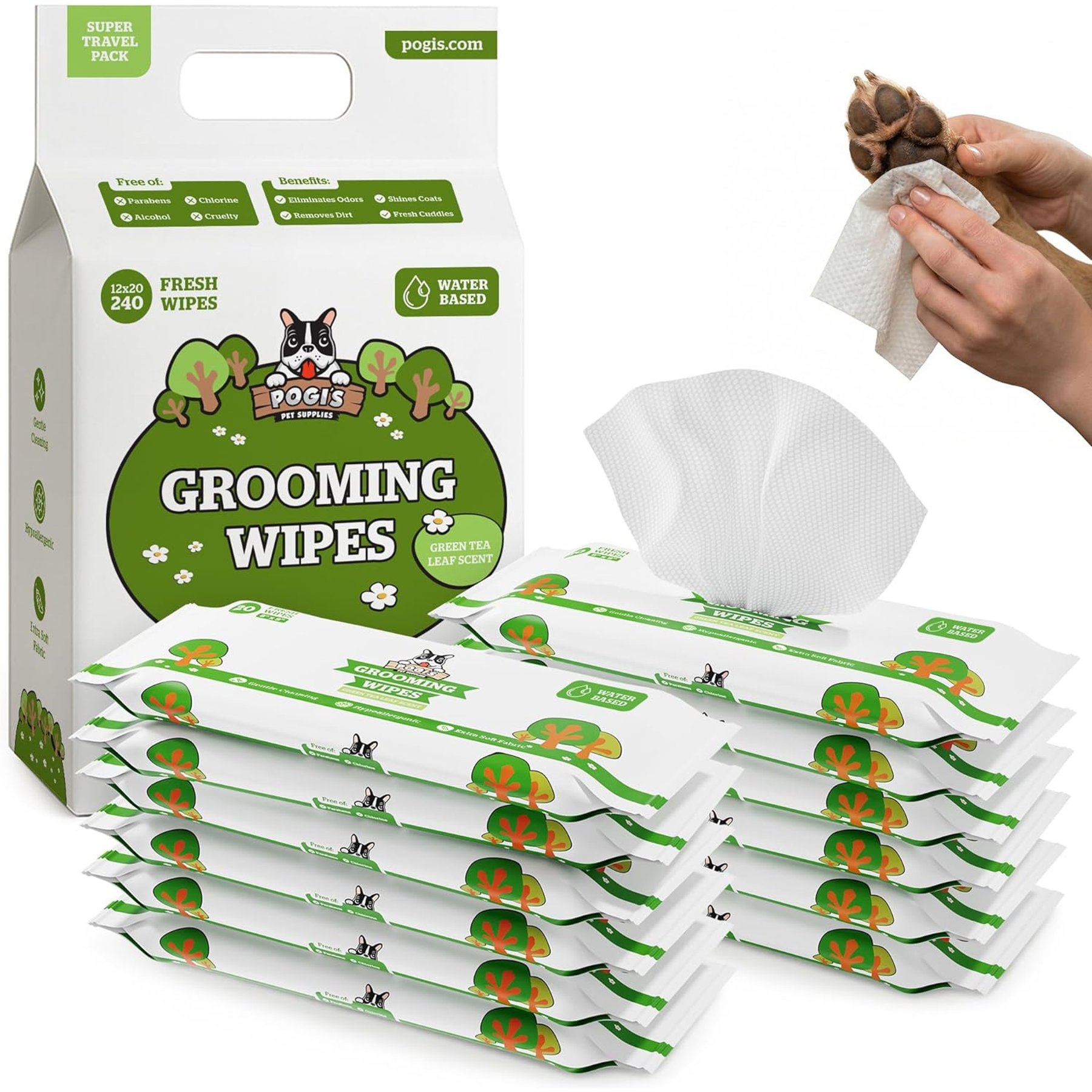 Pogi's Pet Supplies Cleaning & Hydrating Hypoallergenic Dogs & Cats Grooming Wipes, 240 count, Green Tea Leaf