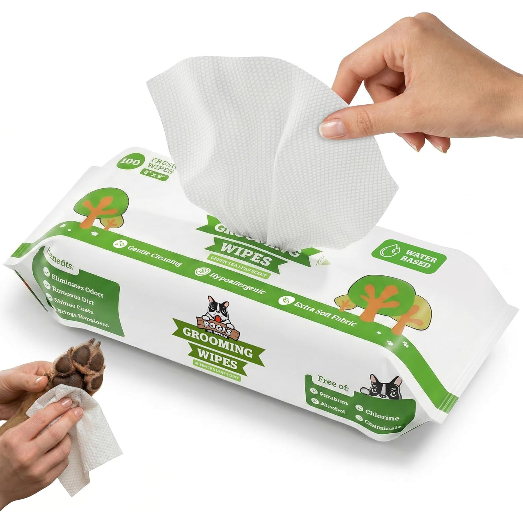 Pogi's Pet Supplies Cleaning & Hydrating Hypoallergenic Dogs & Cats Grooming Wipes, 100 count, Green Tea Leaf