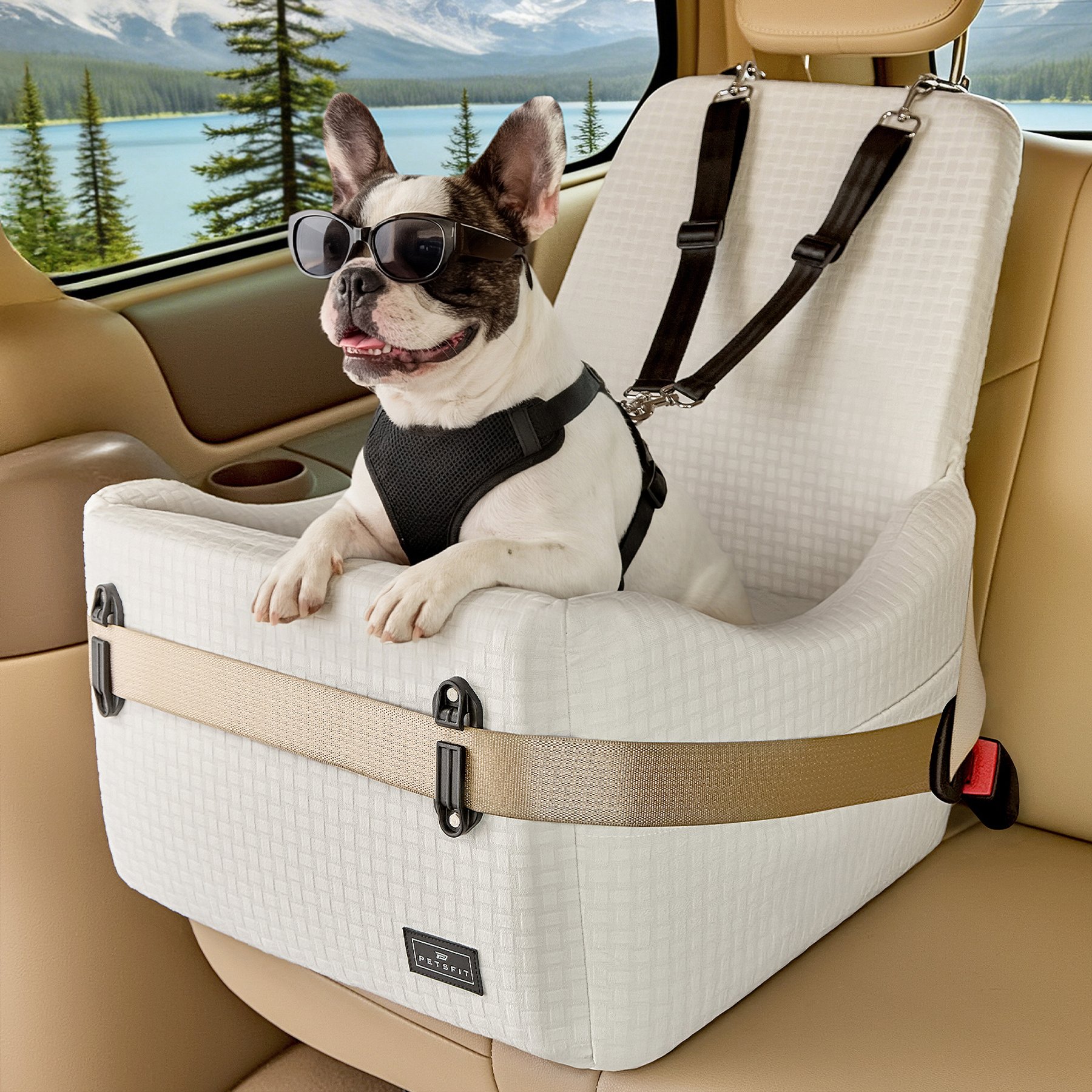 Petsfit Memory Foam Seat Belt Loop Bag Dog Automobile Booster Car Seat, 20.1 x 18.9 x 23.6-in, Beige