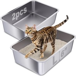 FUTAM Stainless Steel Pan Cat Litter Box, Silver, Large: 19.7 x 13.7 x 6-in, 2 count