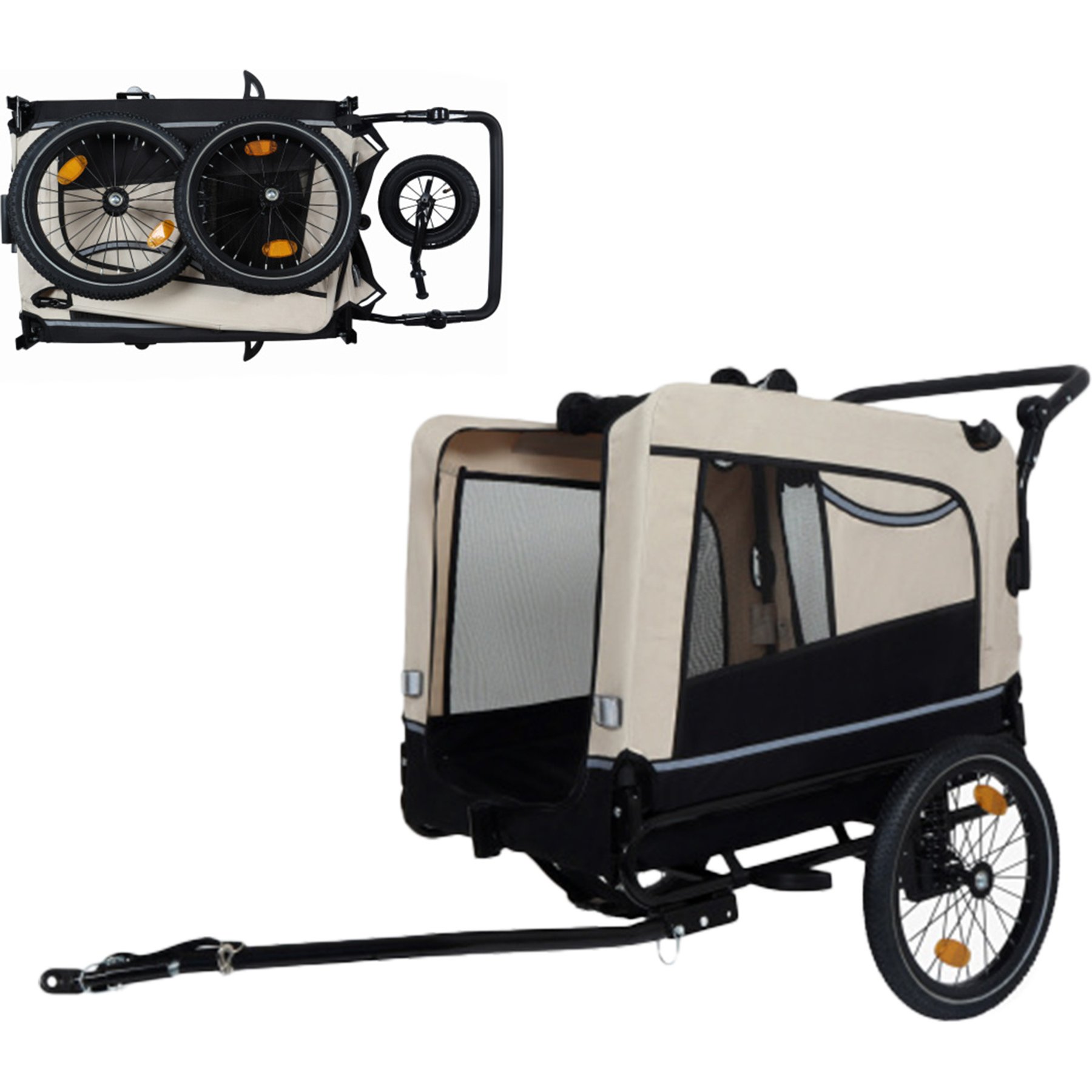 Yafylly Bike Trailer & Push Cart for Pets with All-Terrain Wheels, Large, Beige/Black