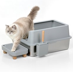 SMONTER Semi-Enclosed Cat Litter Box, Gray, 24-in