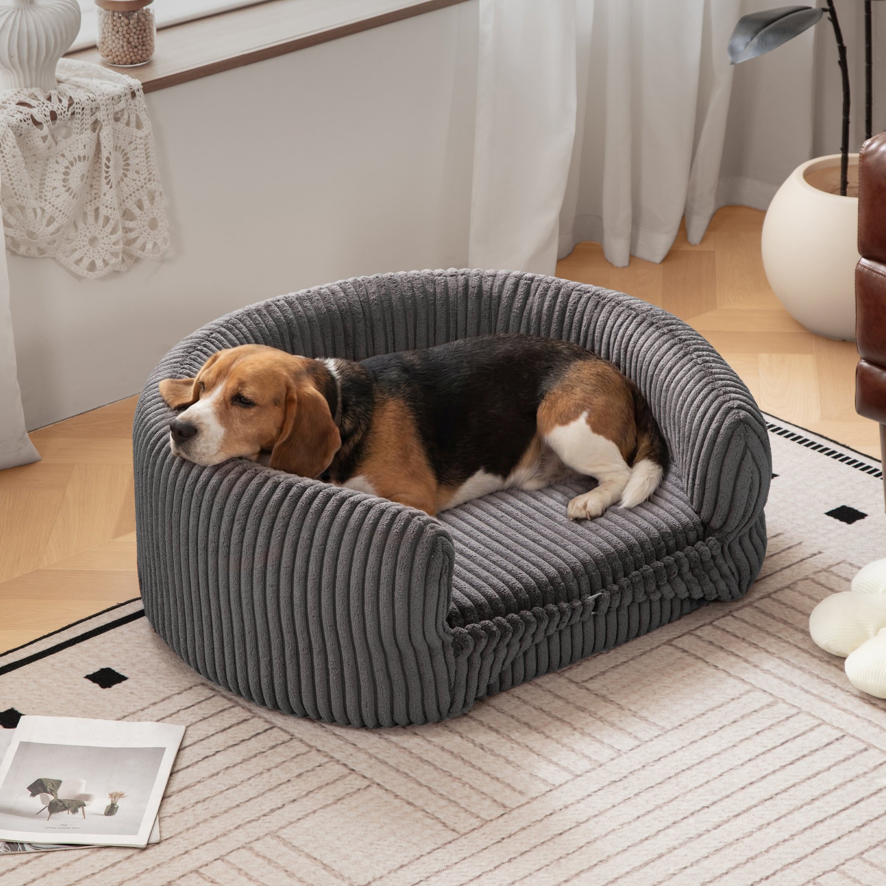 ATJafurn Orthopedic Furniture Style Sofa Cozy Dog Bed with Corduroy Removable Cover, Grey, Large