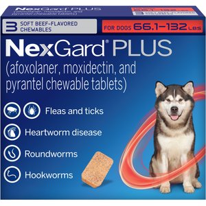 NexGard PLUS Chewables for Dogs, 66.1-132 lbs. (Red Box) 3 Chewable Tablets (3-mos. supply)